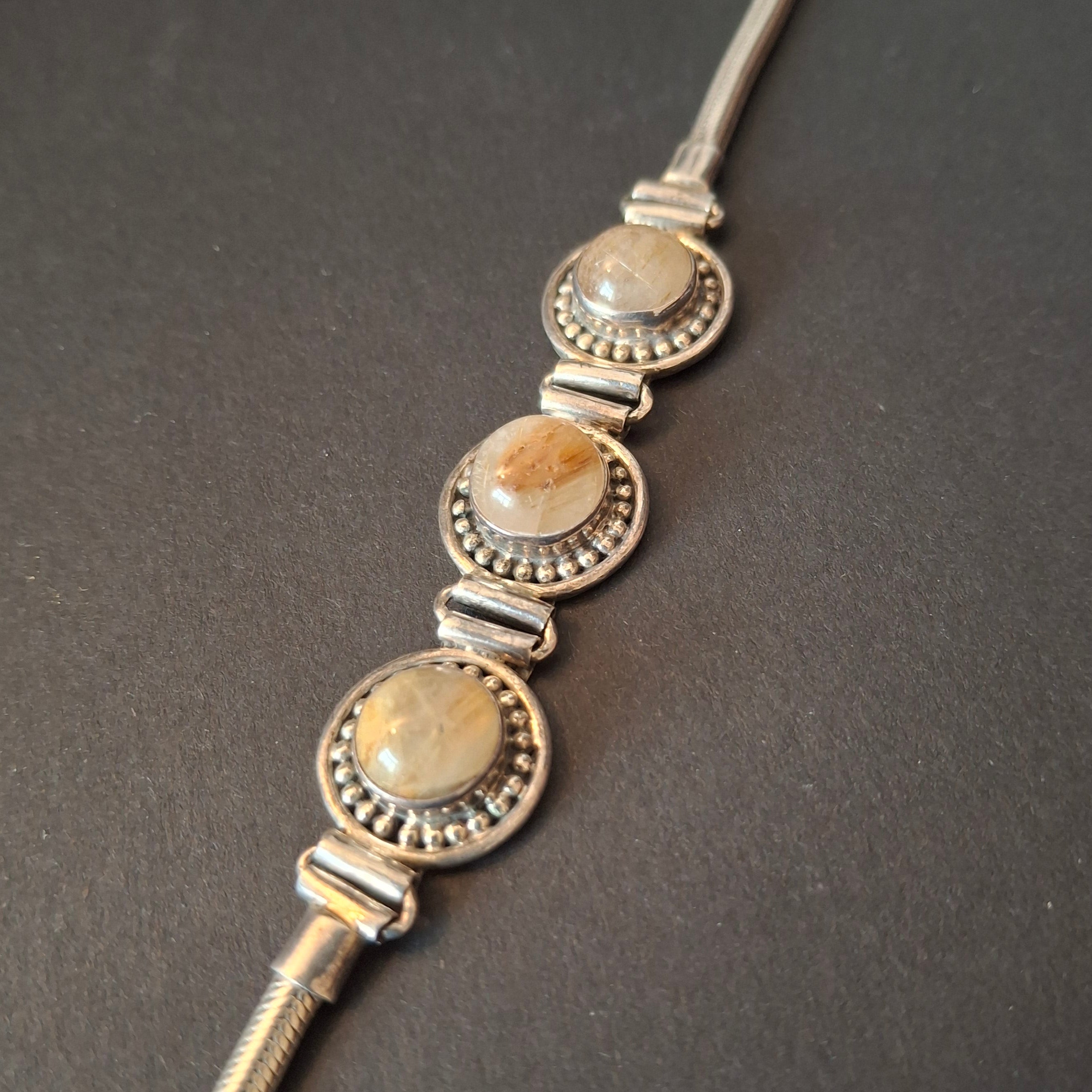 Vintage Artisan 925 Sterling Silver Three-Stone Golden Rutilated Quartz Link Bracelet