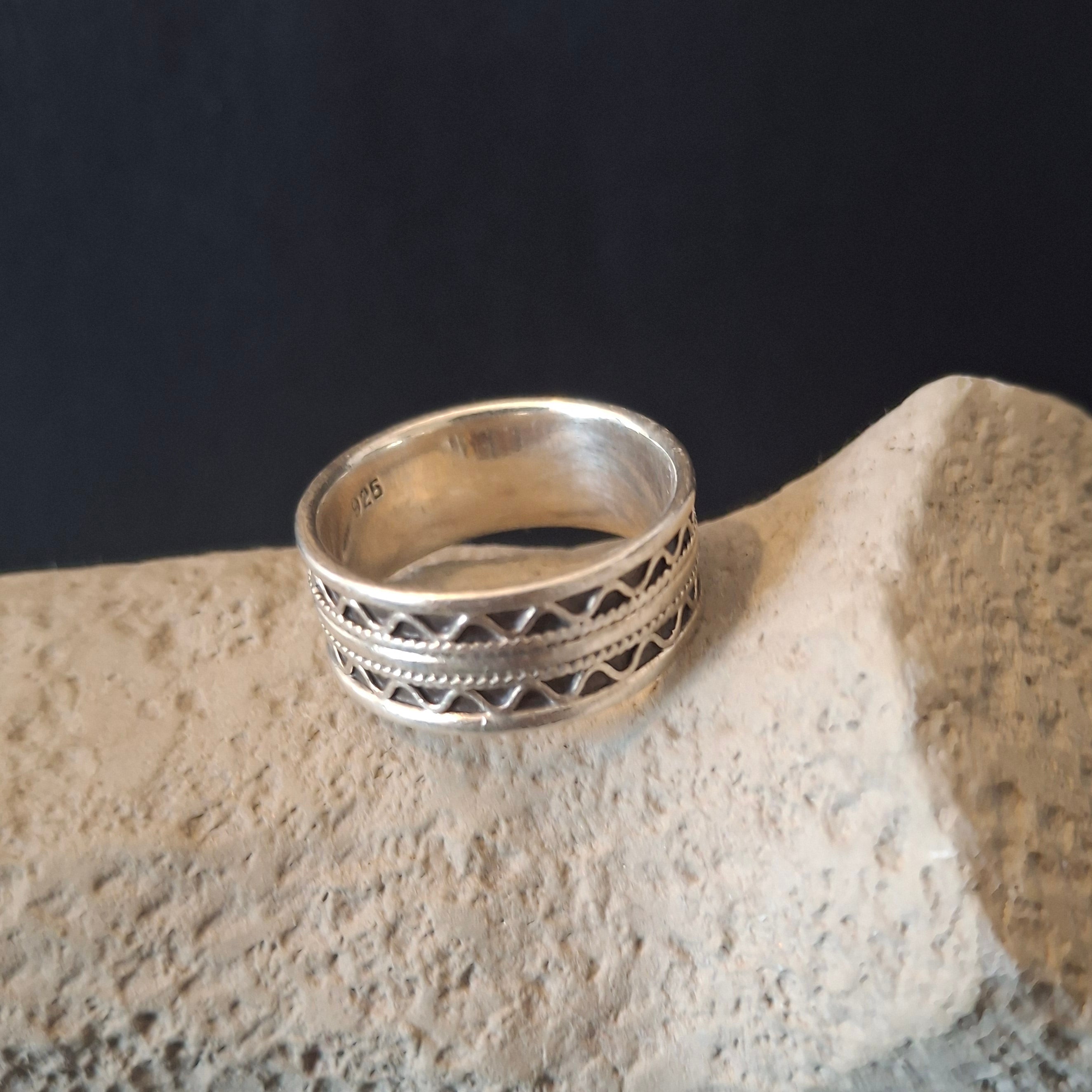 Vintage Sterling Silver Wide Pattern Band Ring – view 2