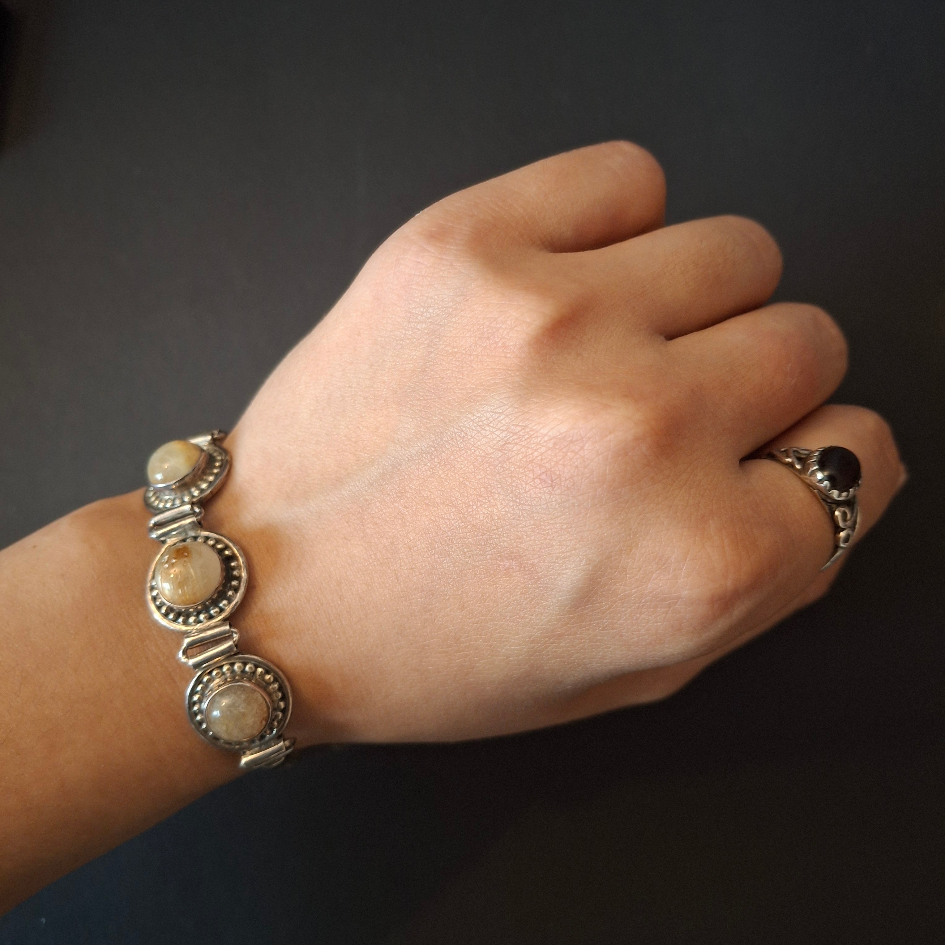 Vintage Artisan 925 Sterling Silver Three-Stone Golden Rutilated Quartz Link Bracelet – view 8
