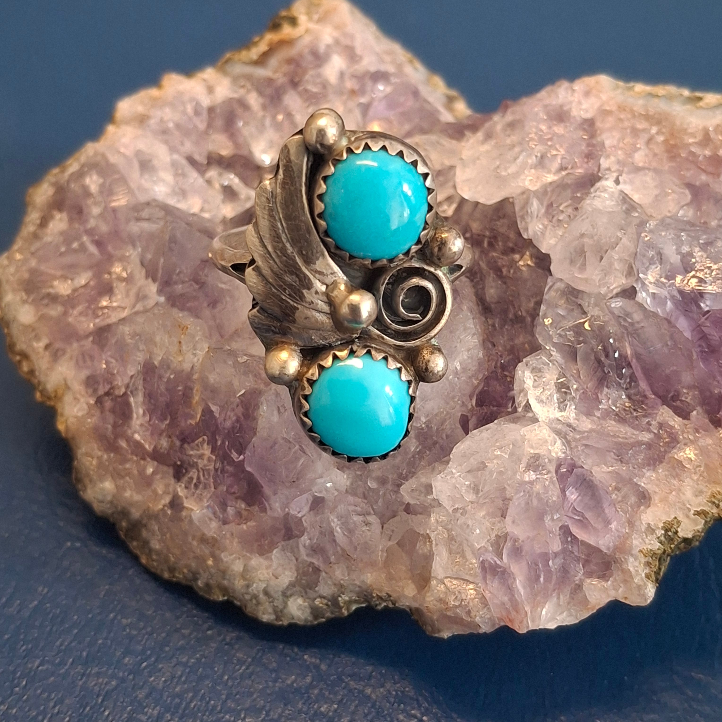 Vintage Navajo Sterling Silver Two-Stone Sleeping Beauty Turquoise Ring