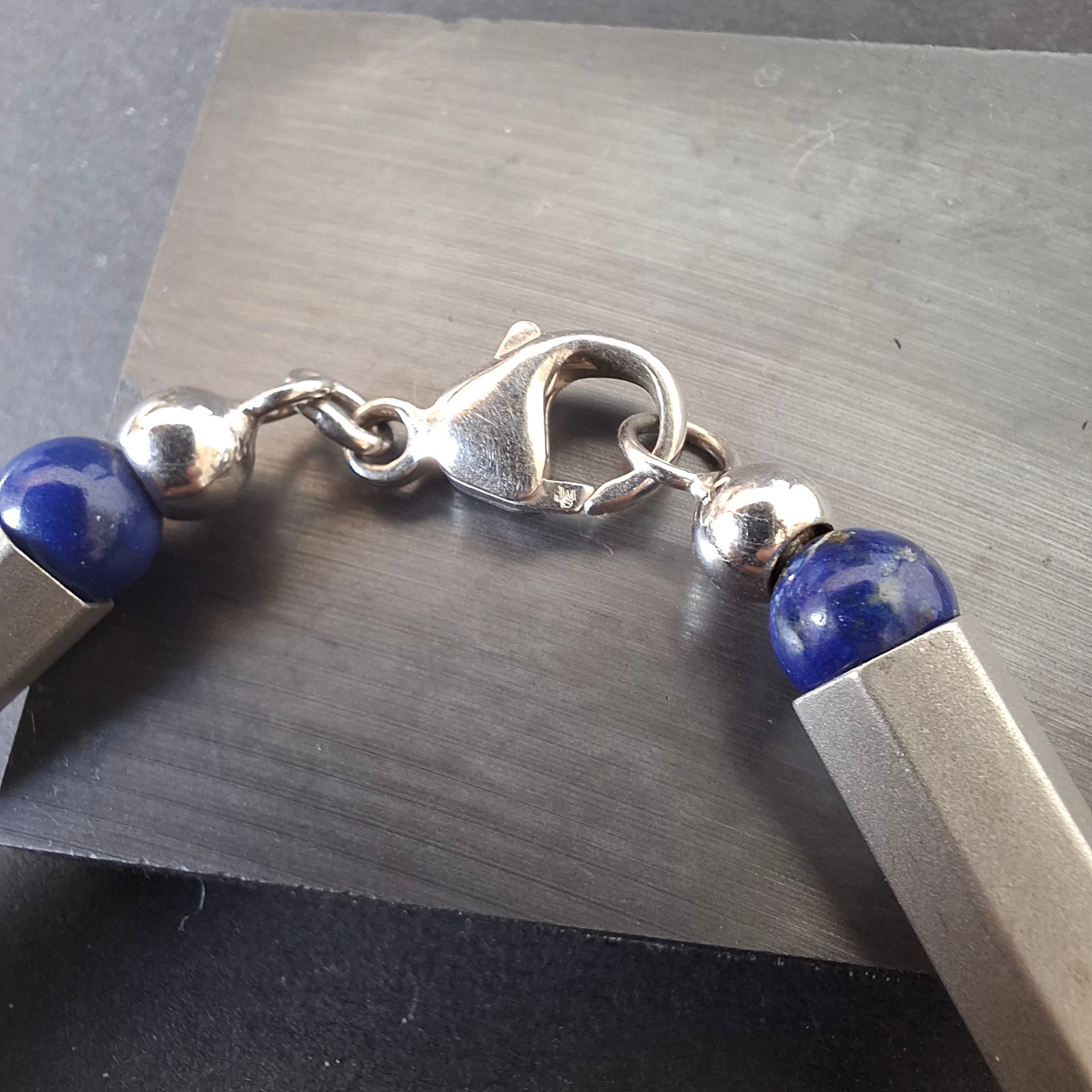 Modernist 925 Silver & Lapis Lazuli Geometric Bead Bracelet – view 3