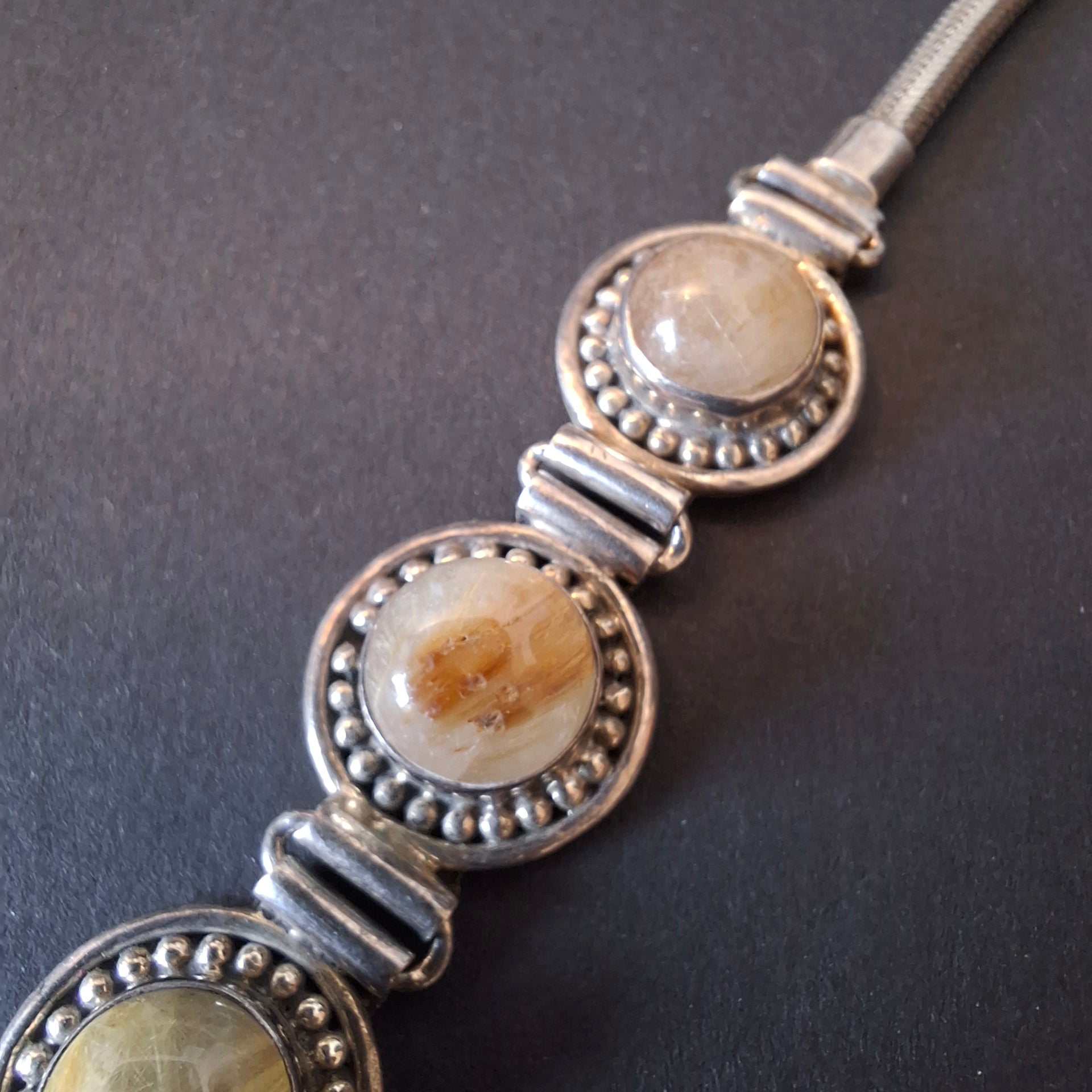 Vintage Artisan 925 Sterling Silver Three-Stone Golden Rutilated Quartz Link Bracelet – view 6