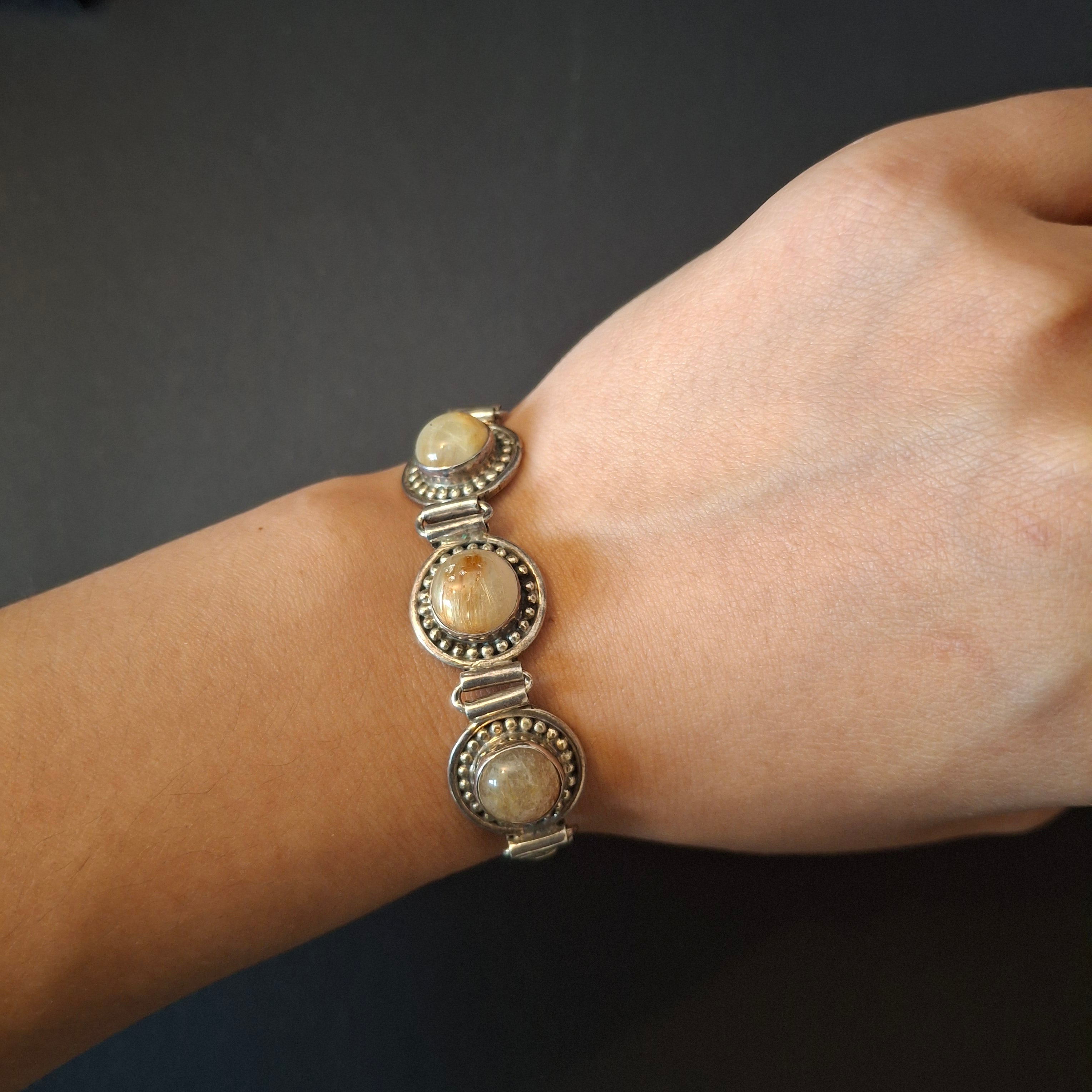 Vintage Artisan 925 Sterling Silver Three-Stone Golden Rutilated Quartz Link Bracelet – view 7