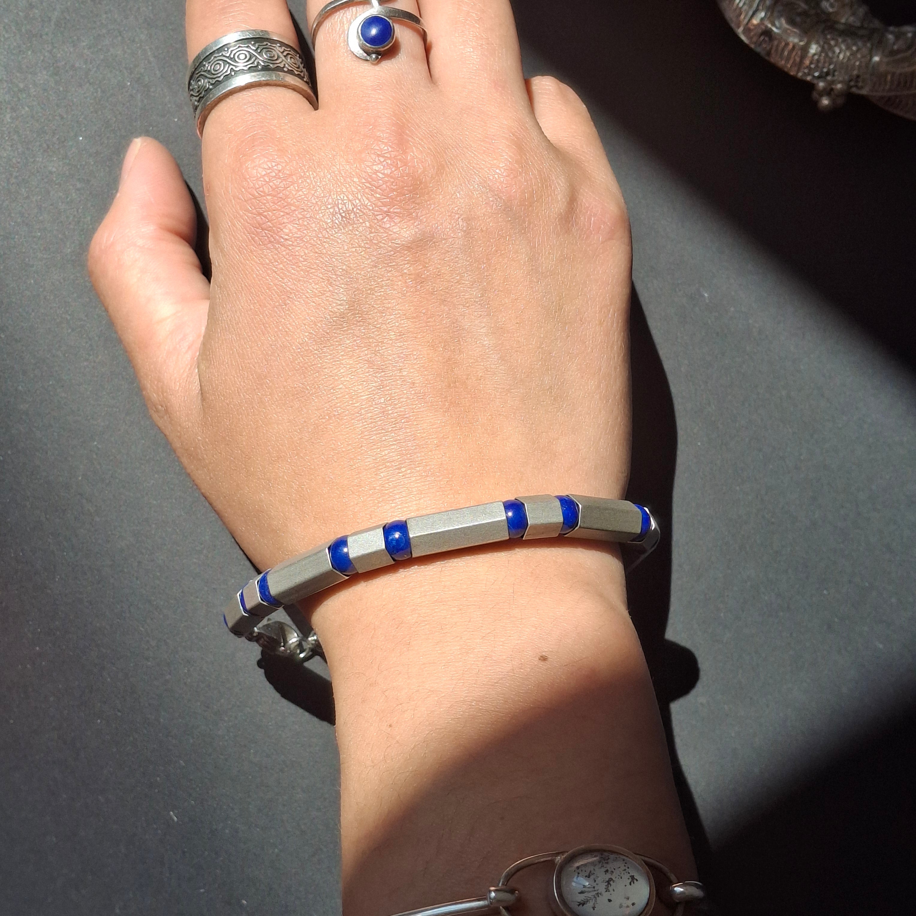 Modernist 925 Silver & Lapis Lazuli Geometric Bead Bracelet – view 2